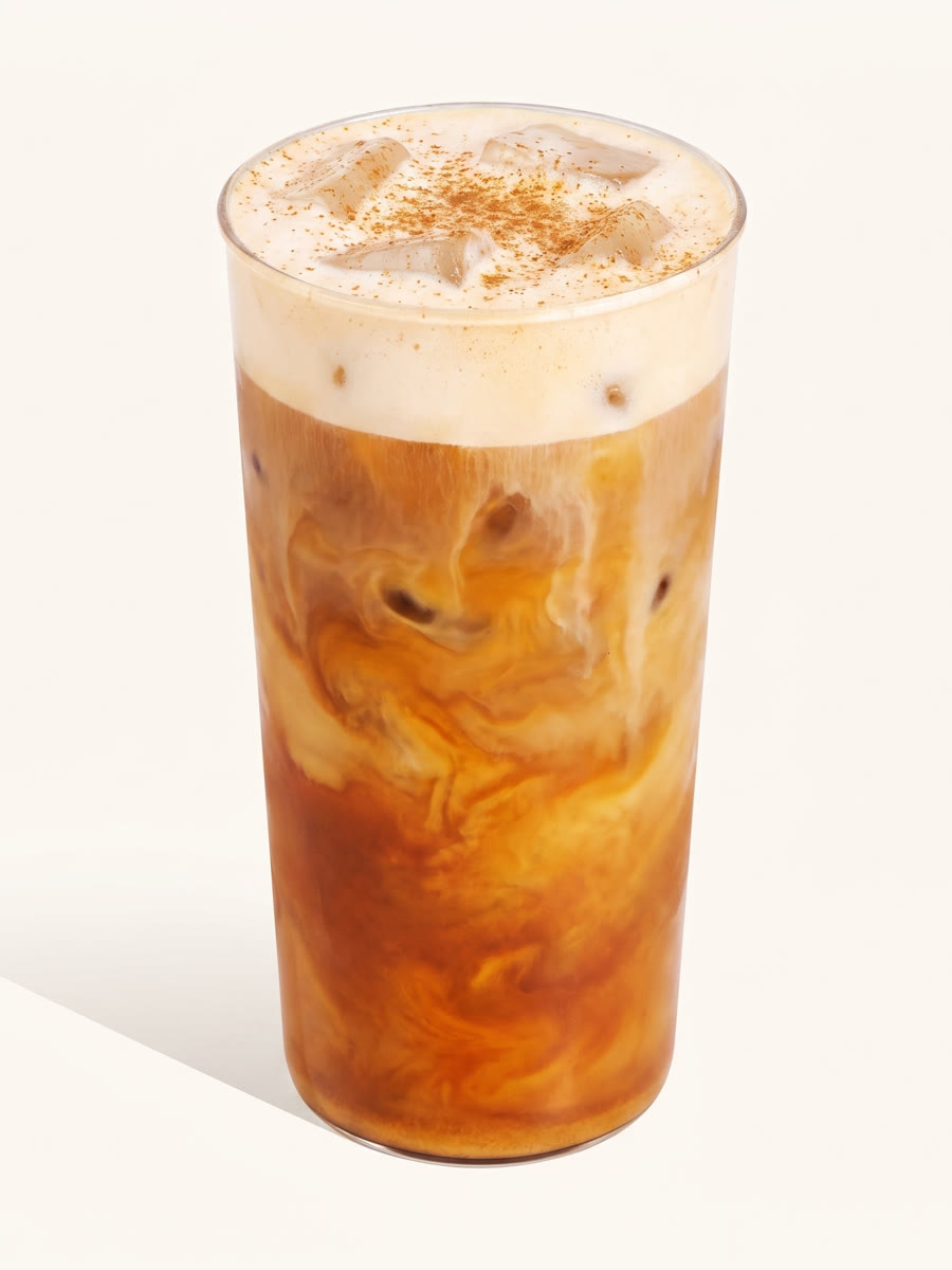 Pumpkin spice latte helado en vaso alto, con espuma y canela espolvoreada